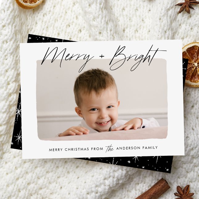 Modern merry och Bright Black Script Photo Julkort (Skapare uppladdad)