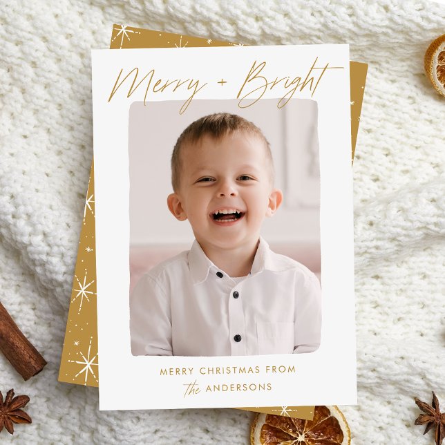 Modern merry och Bright Guld-skriptfoto Julkort (Skapare uppladdad)