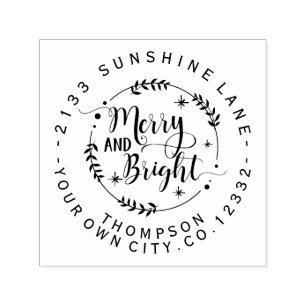 Modern Merry och Bright Jul Script Monogram Självfärgande Stämpel