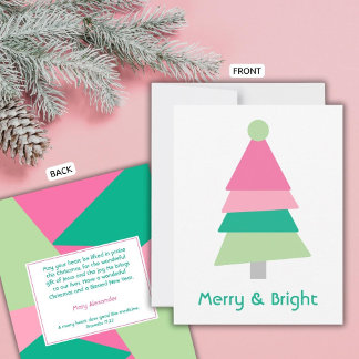 Modern Merry och Bright Minimalist Rosa Grönt Träd Julkort