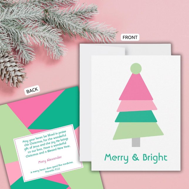 Modern Merry och Bright Minimalist Rosa Grönt Träd Julkort (Skapare uppladdad)