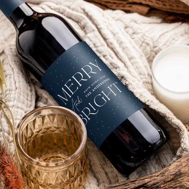 Modern merry och Bright Navy Helgdag Vinflaska Etikett (Skapare uppladdad)