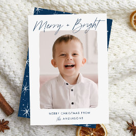 Modern merry och Bright Navy Script Photo Julkort