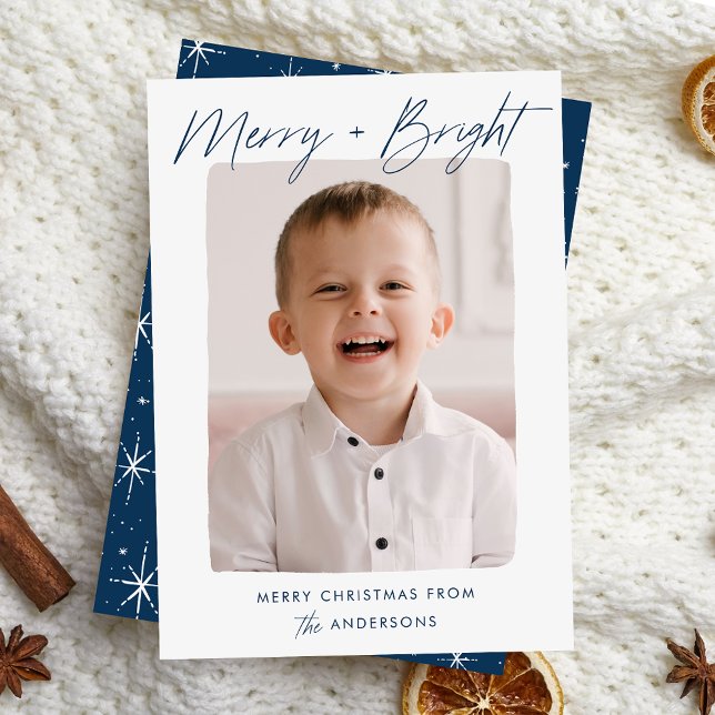 Modern merry och Bright Navy Script Photo Julkort (Skapare uppladdad)