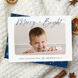 Modern merry och Bright Navy Script Photo Julkort