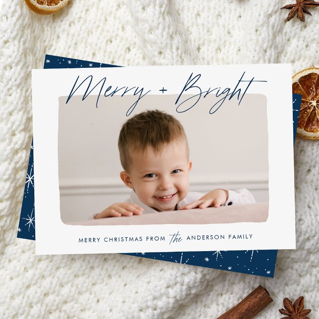 Modern merry och Bright Navy Script Photo Julkort (Skapare uppladdad)