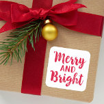 Modern Merry och Bright Red Brshed Script Helgdag Fyrkantigt Klistermärke<br><div class="desc">Helgdag klistermärken har röda penselskript Merry och Bright text med ren vit bakgrund.</div>