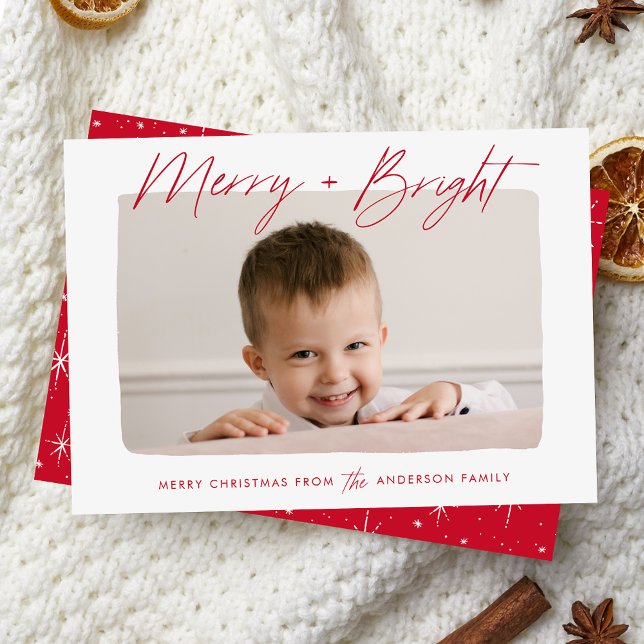 Modern merry och Bright Red Script Photo Julkort (Skapare uppladdad)