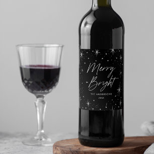 Modern Merry och Bright Script Black Helgdag Vinflaska Etikett