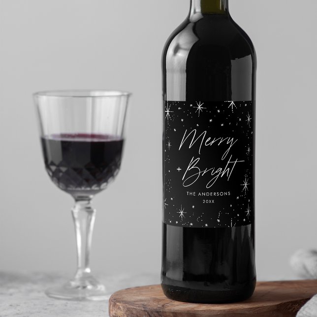 Modern Merry och Bright Script Black Helgdag Vinflaska Etikett (Skapare uppladdad)