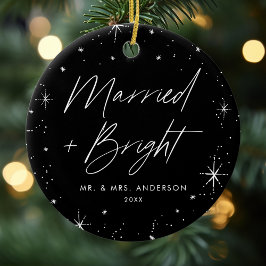 Modern Merry och Bright Script Black Photo Julgransprydnad Keramik