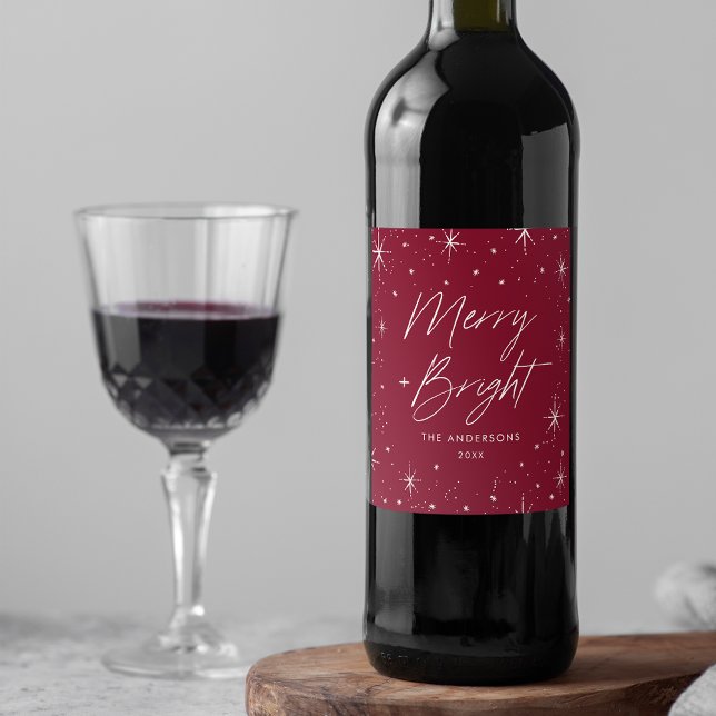 Modern Merry och Bright Script Burgundy Helgdag Vinflaska Etikett (Skapare uppladdad)