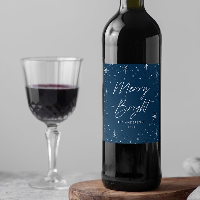 Modern Merry och Bright Script Navy Blue Helgdag Vinflaska Etikett (Skapare uppladdad)