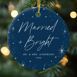 Modern merry och Bright Script Navy Photo Julgransprydnad Keramik