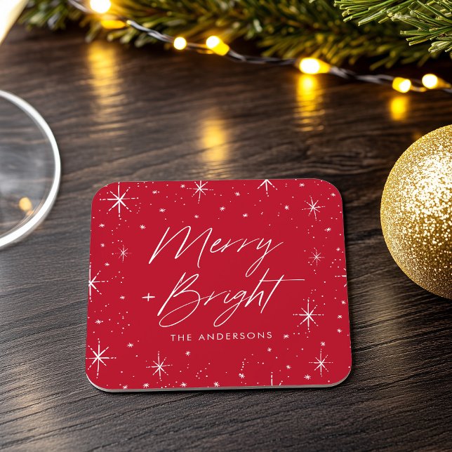 Modern Merry och Bright Script Red Helgdag Underlägg Papper Kvadrat (Skapare uppladdad)
