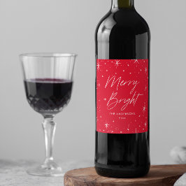 Modern Merry och Bright Script Red Helgdag Vinflaska Etikett