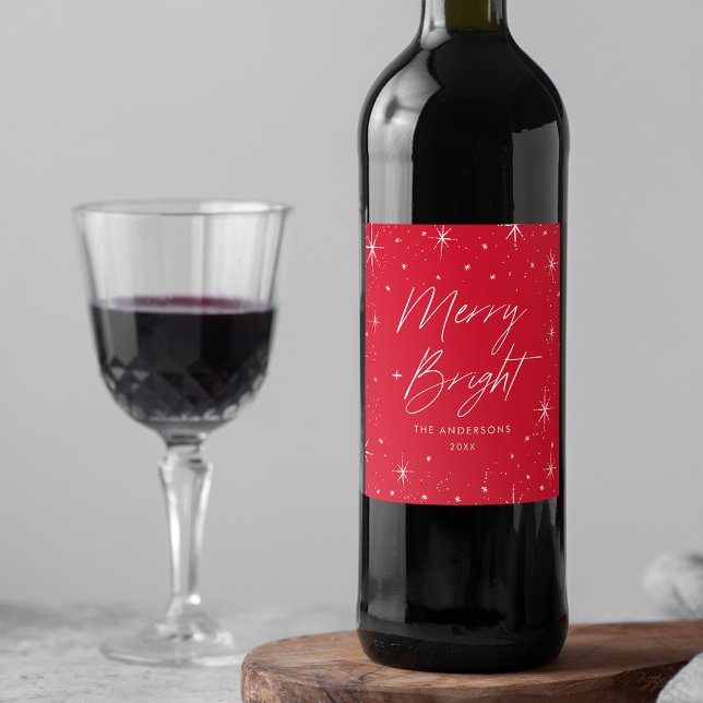 Modern Merry och Bright Script Red Helgdag Vinflaska Etikett (Skapare uppladdad)