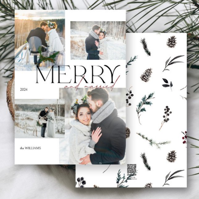Modern merry och gifta Newlyweds 4 foto Julkort (Merry & married! Celebrate your first holiday as newlyweds with this elegant photo card.)