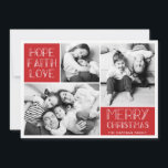 Modern merry Photo Collage | Röd | Julkort<br><div class="desc">Dessa enkla fotokort i helgdag har modern formaterad typografi och tre fotomallar! Kortets baksida skryter med en abstrakt i roligt mönster.</div>