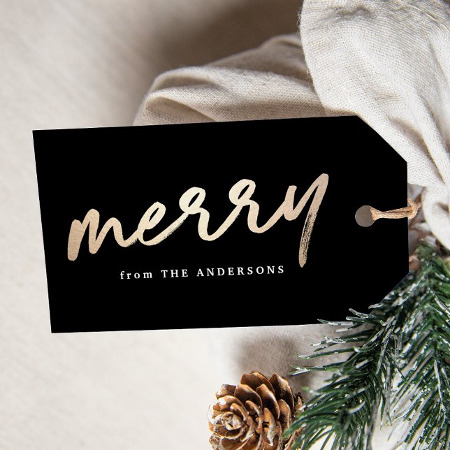 Modern Merry Script Black och Guld Helgdag Presentetikett (Skapare uppladdad)