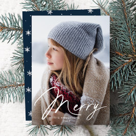 Modern Merry Signature Script Navy Foto Julkort