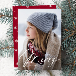 Modern Merry Signature Script Röd Foto Julkort