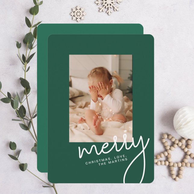 Modern Merry Simple Jul Script One Photo Julkort (Skapare uppladdad)