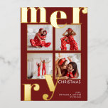 Modern Merry Typography Photo Collage Burgundy<br><div class="desc">Ha ett modernt god jul med det här 4 fotokollage-helgdag. Det här kortet har Merry i ett stort teckensnitt. Anpassa varje fotopunkt och lägg till namnen vid grund.</div>