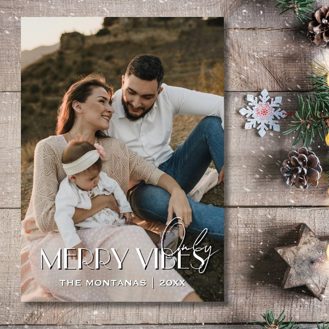 Modern Merry Vibes Only Family Photo Light Grått Julkort (Skapare uppladdad)