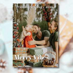 Modern Merry Vibes Only Family Photo Light Grått Julkort