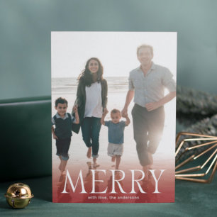 Modern MERRY White Maroon Red Overlay Photo Julkort