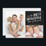 Modern Mest underbara Helgdag 2-fotokort Julkort<br><div class="desc">Det är verkligen "årets mest underbara tid" med den här roligten,  moderna designen som har ett två fotokollage av din familj på framsidan med en avslappnad- och contemporary-blandning av handskriven typografi. På baksidan har en samordnande bakgrund i Schevron mönster mer utrymme för anpassning med ditt personliga budskap.</div>