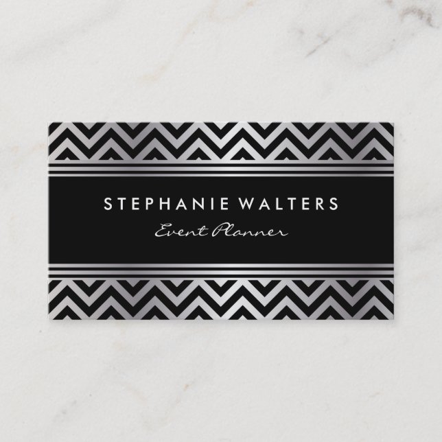 Modern Metallic Silver Chevron och Black Visitkort (Framsida)