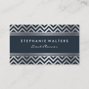 Modern Metallic Silver Chevron och Deep Blue Visitkort