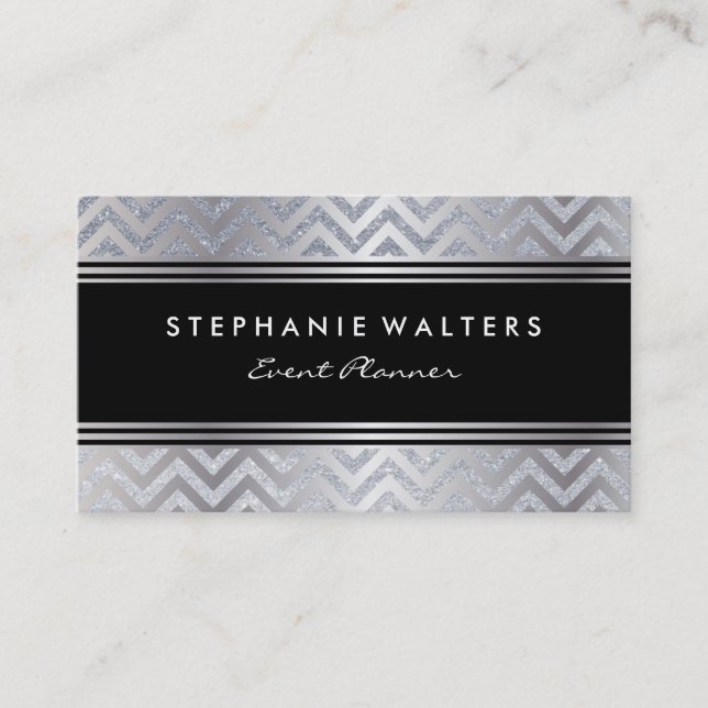 Modern Metallic Silver Chevron och Glitter Visitkort (Framsida)