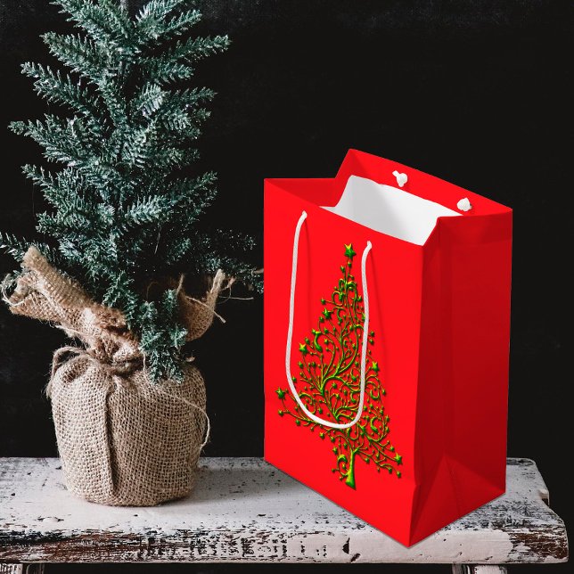 Modern Metallisk Grönt Julgran Red Helgdag (Modern Metallic Green Christmas Tree Red Holiday Gift Bag)