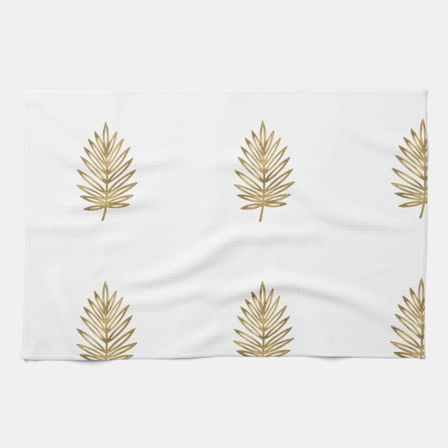 Modern metallisk guld botanisk palmbladsmönster kökshandduk (Horisontell)