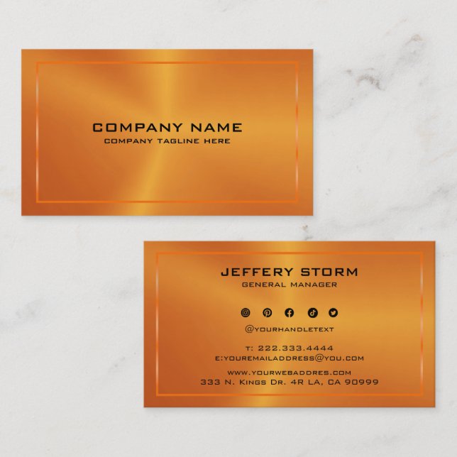 Modern metallisk orange textur svart typografi visitkort (Fram/baksida)