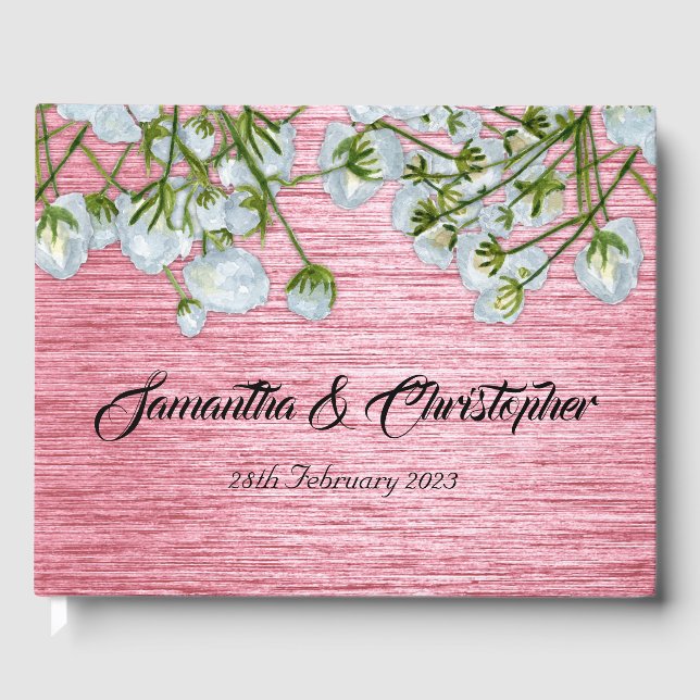 Modern metallisk Rosa och Vit ros Bröllop Gästböcker (Framsida)