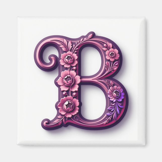 Modern Metallisk Rosemåling Bokstav B, Rosa/Lila Magnet (Framsidan)