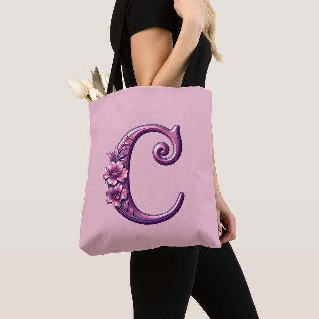 Modern Metallisk Rosemåling Bokstav C, Rosa/Lila Tygkasse (Närbild)