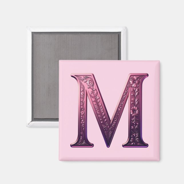 Modern Metallisk Rosemåling Bokstav M, Rosa/Lila Magnet (Front/Back)