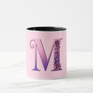 Modern Metallisk Rosemåling Bokstav M, Rosa/Lila Mugg
