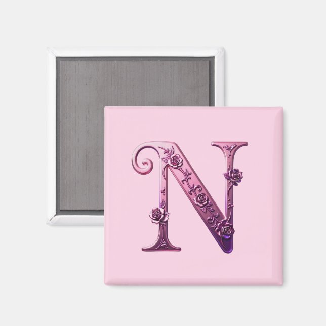 Modern Metallisk Rosemåling Bokstav N, Rosa/Lila Magnet (Front/Back)