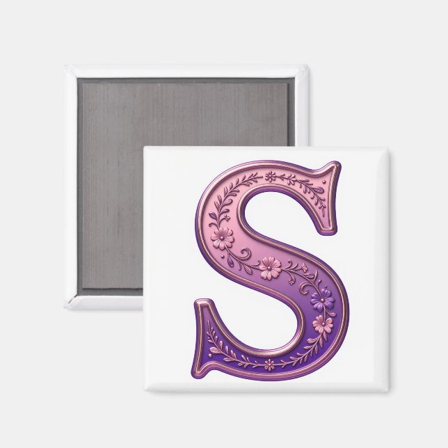 Modern Metallisk Rosemåling Bokstav S, Rosa/Lila Magnet (Front/Back)