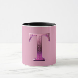 Modern Metallisk Rosemåling Bokstav T, Rosa/Lila Mugg