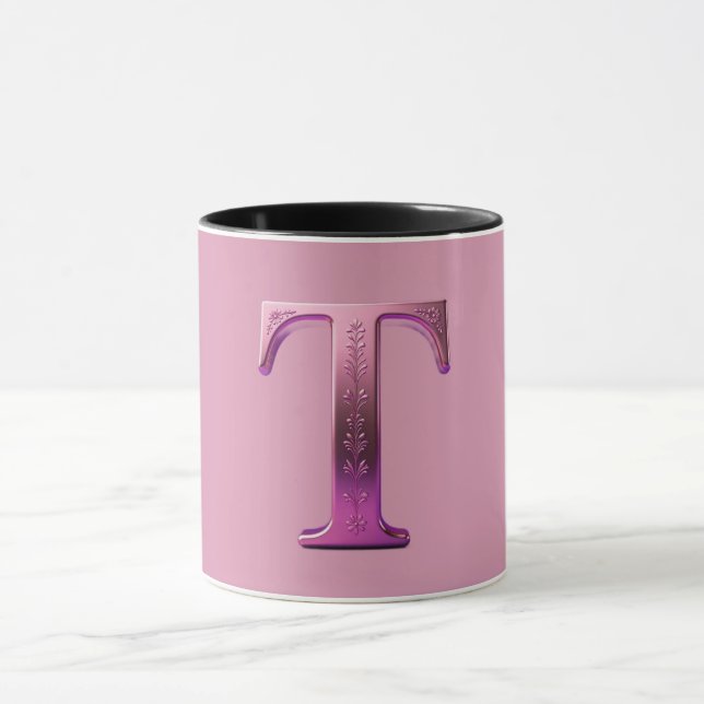 Modern Metallisk Rosemåling Bokstav T, Rosa/Lila Mugg (Center)