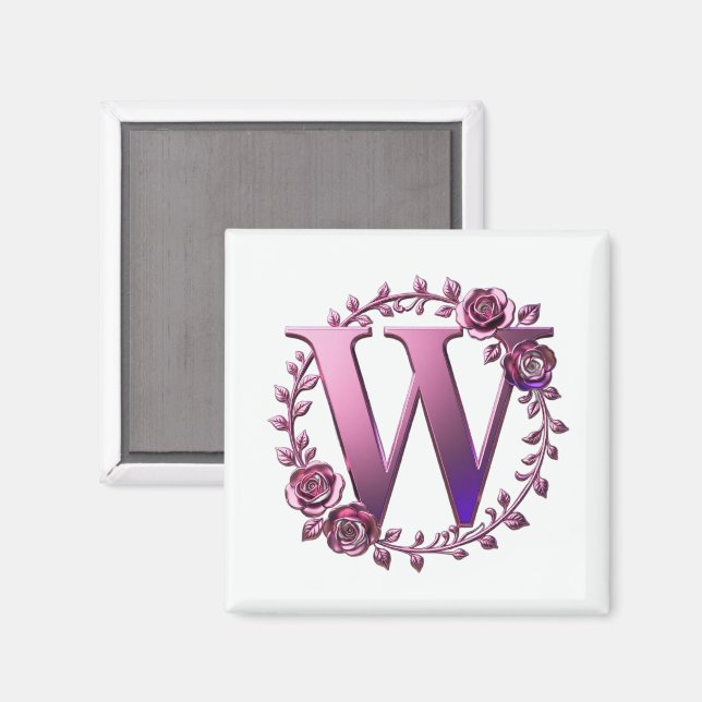 Modern Metallisk Rosemåling Bokstav W, Rosa/Lila Magnet (Front/Back)
