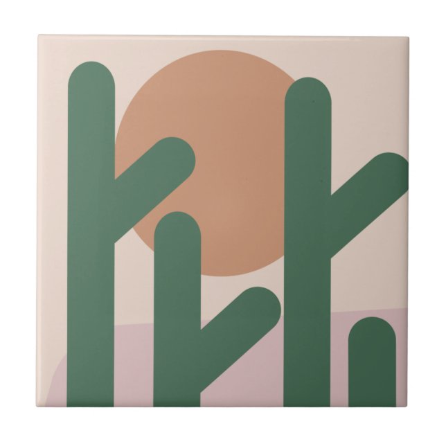 Modern Mid Century Kactus Konst Jordnära Mönster Kakelplatta (Framsidan)