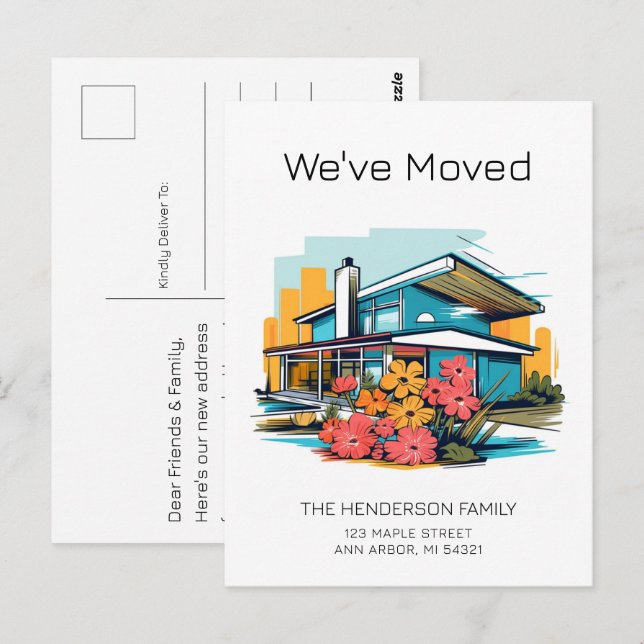 Modern Mid Century Vi Har Flyttat Meddelande Vykort (Fram/baksida)